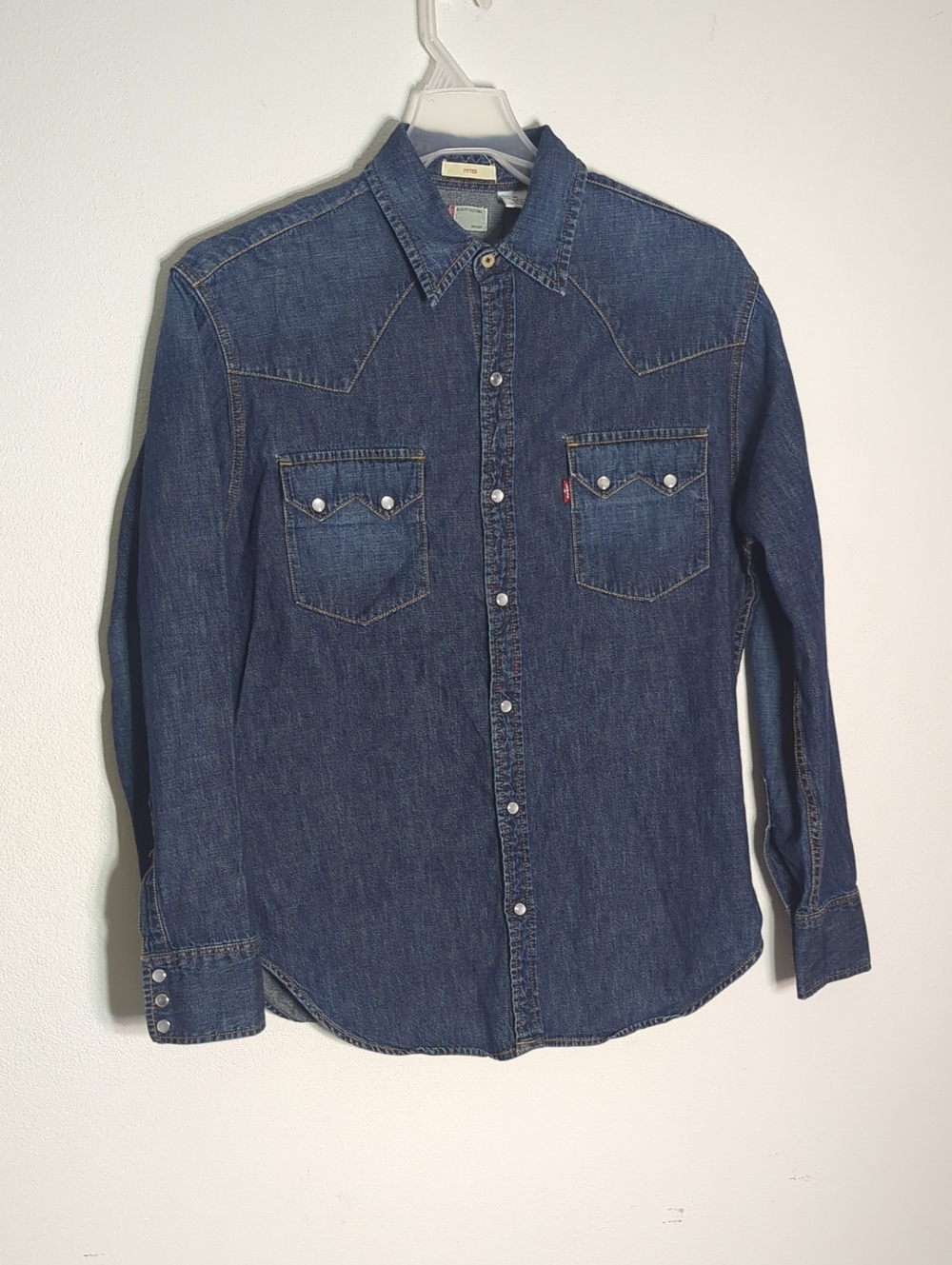 Levis Mens Western Denim Shirt Dark Indigo Pearl Snap Long Sleeve Cowboy Medium